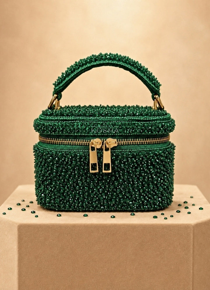Green Suede Embroidered Vanity Bag