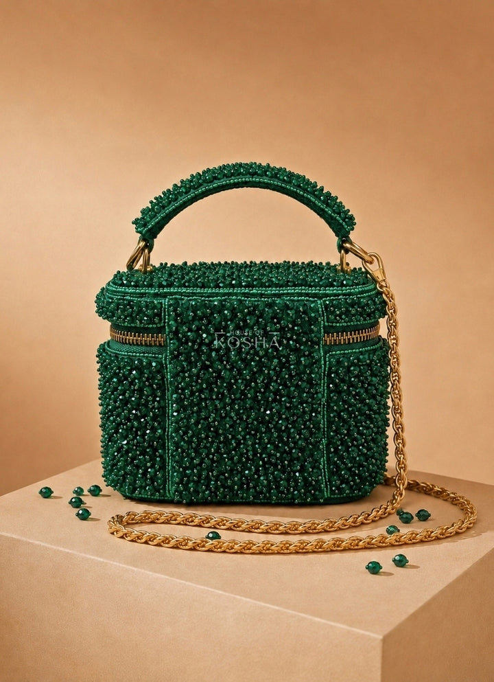 Green Suede Embroidered Vanity Bag