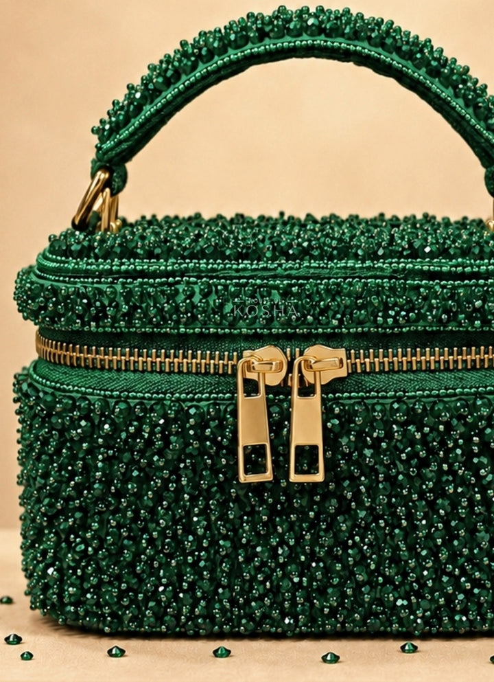 Green Suede Embroidered Vanity Bag