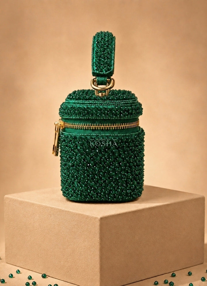 Green Suede Embroidered Vanity Bag