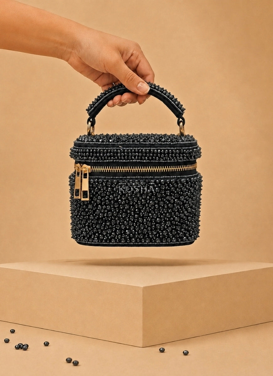 Navy Blue Suede Embroidered Vanity Bag