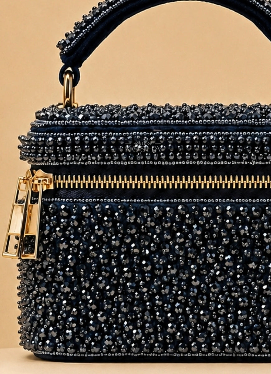Navy Blue Suede Embroidered Vanity Bag
