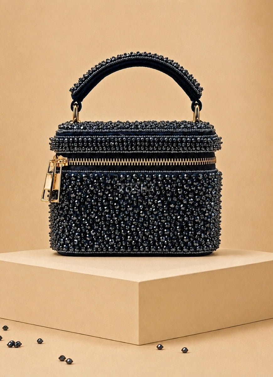 Navy Blue Suede Embroidered Vanity Bag