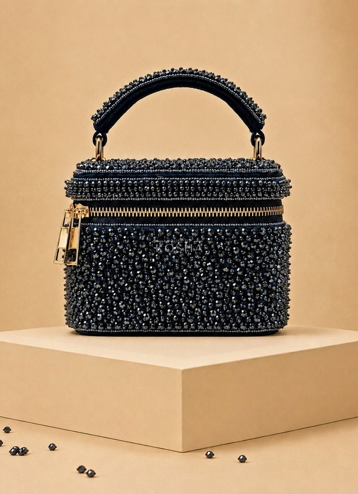Navy Blue Suede Embroidered Vanity Bag