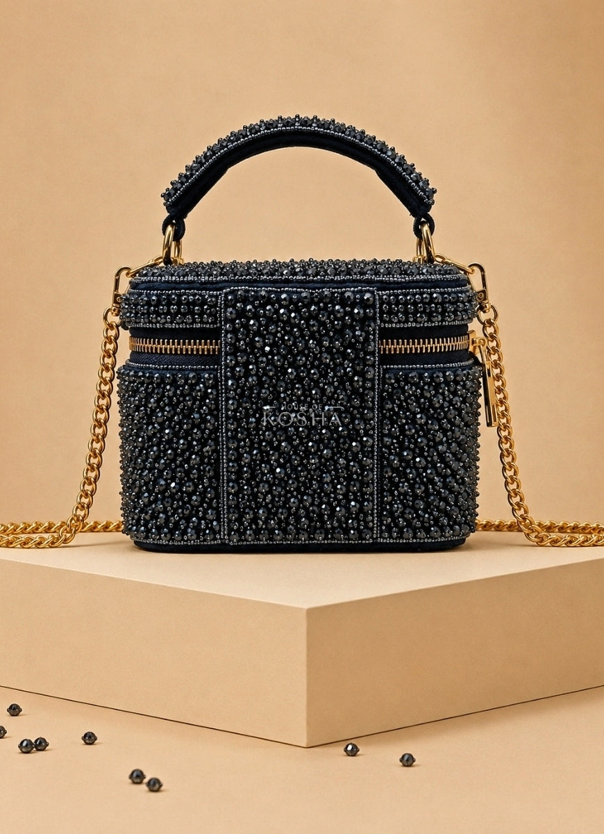 Navy Blue Suede Embroidered Vanity Bag
