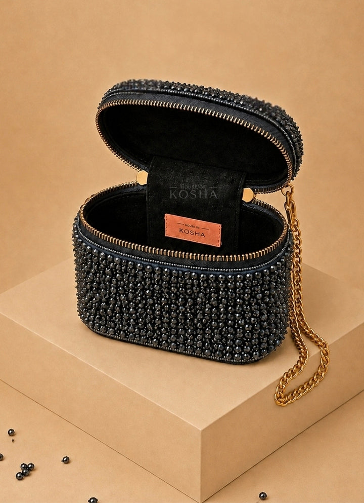 Navy Blue Suede Embroidered Vanity Bag