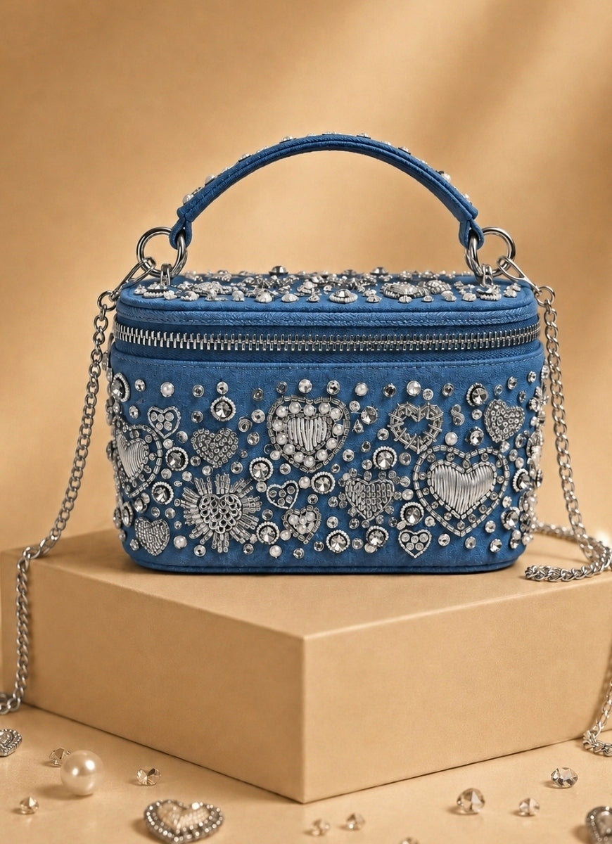 Silver Denim Embroidered Vanity Bag