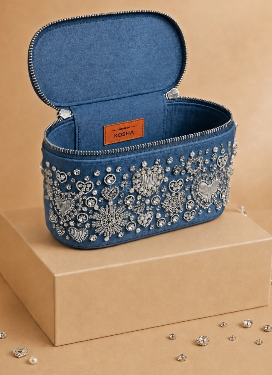 Silver Denim Embroidered Vanity Bag