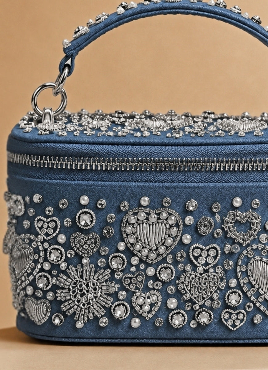 Silver Denim Embroidered Vanity Bag
