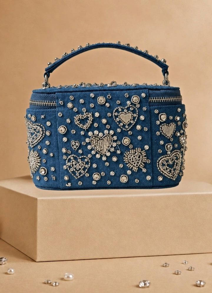 Silver Denim Embroidered Vanity Bag