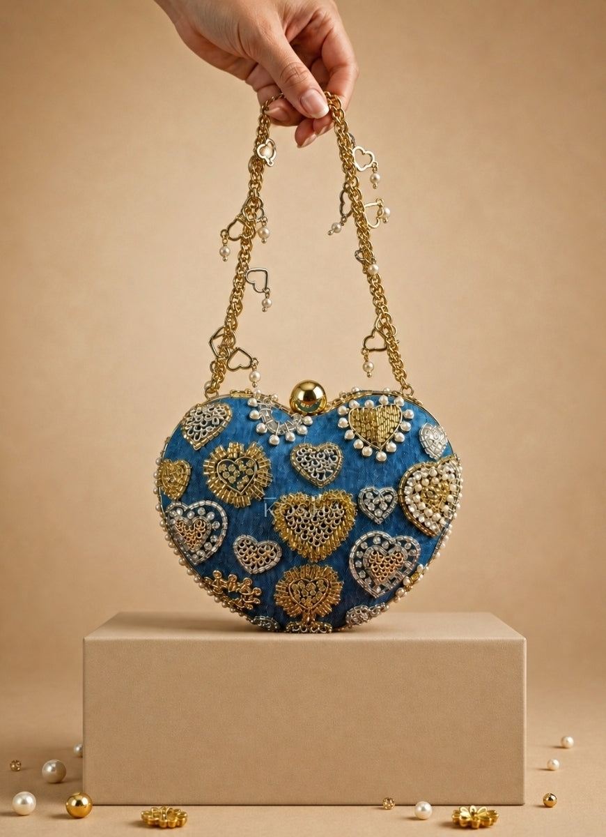 Gold &amp; Silver Denim Embroidered Heart Bag