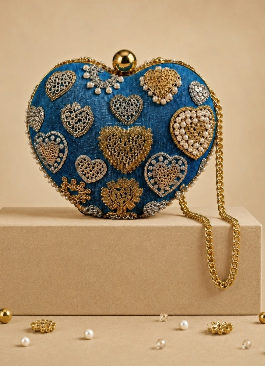 Gold &amp; Silver Denim Embroidered Heart Bag