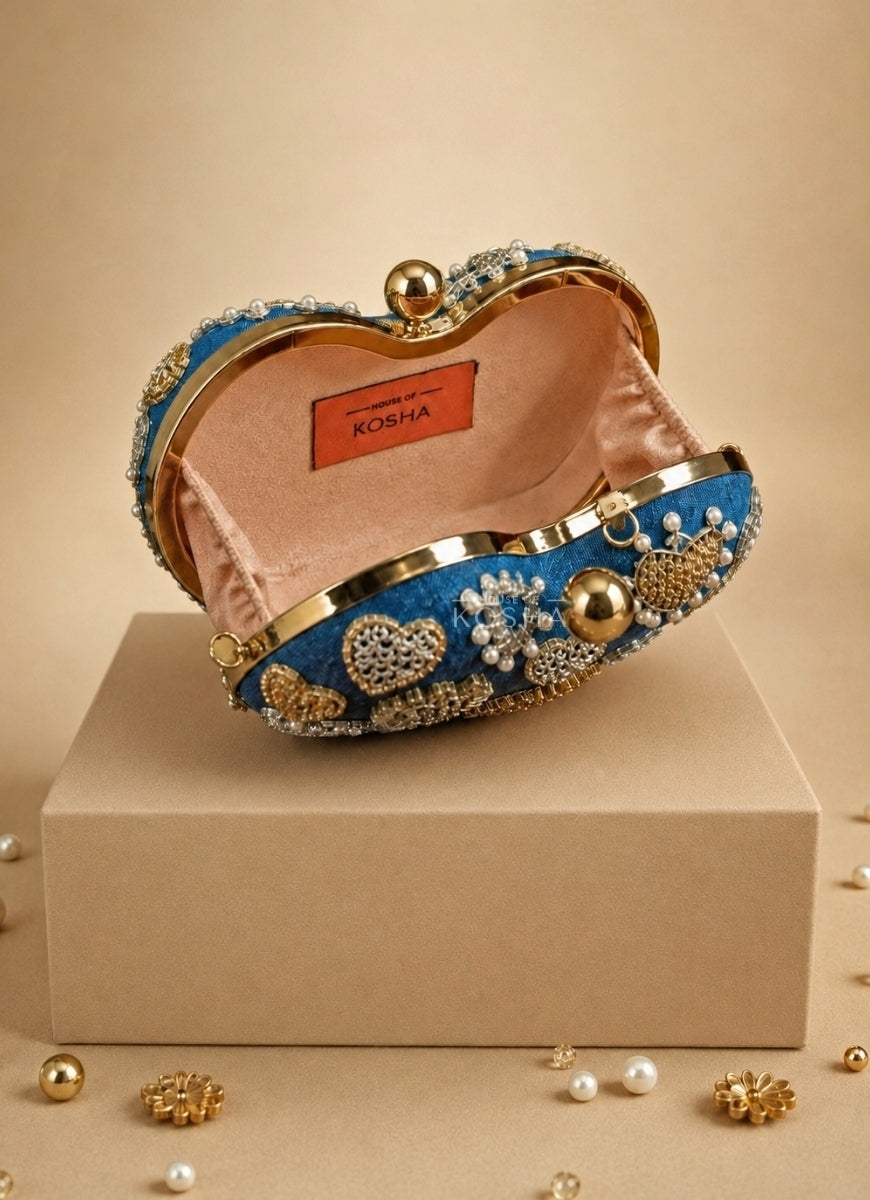 Gold &amp; Silver Denim Embroidered Heart Bag
