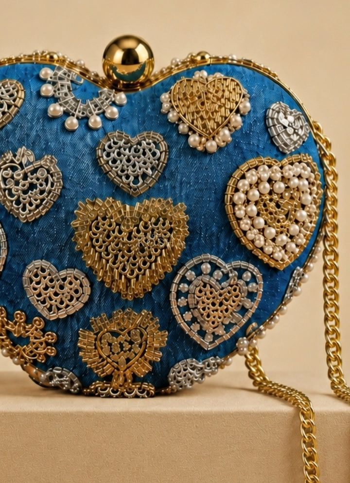 Gold &amp; Silver Denim Embroidered Heart Bag