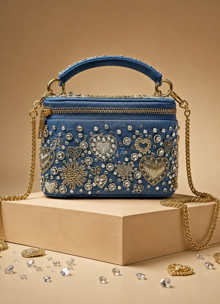 Gold &amp; Silver Denim Embroidered Vanity Bag
