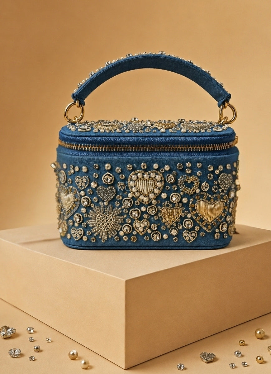 Gold &amp; Silver Denim Embroidered Vanity Bag