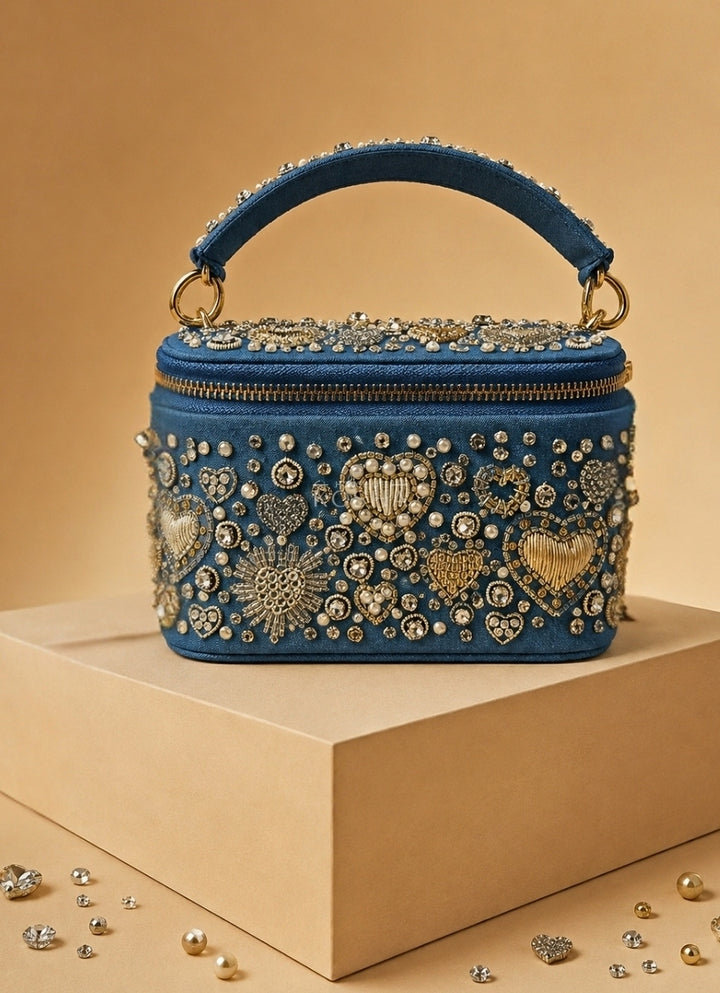 Gold &amp; Silver Denim Embroidered Vanity Bag