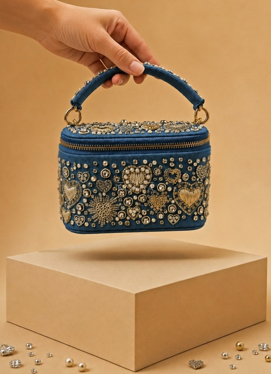 Gold &amp; Silver Denim Embroidered Vanity Bag