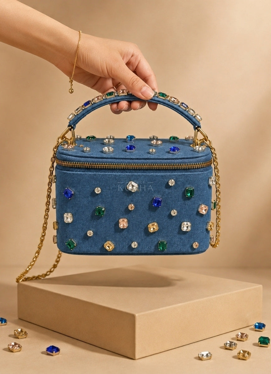 Multicolor Denim Embellished Vanity Bag