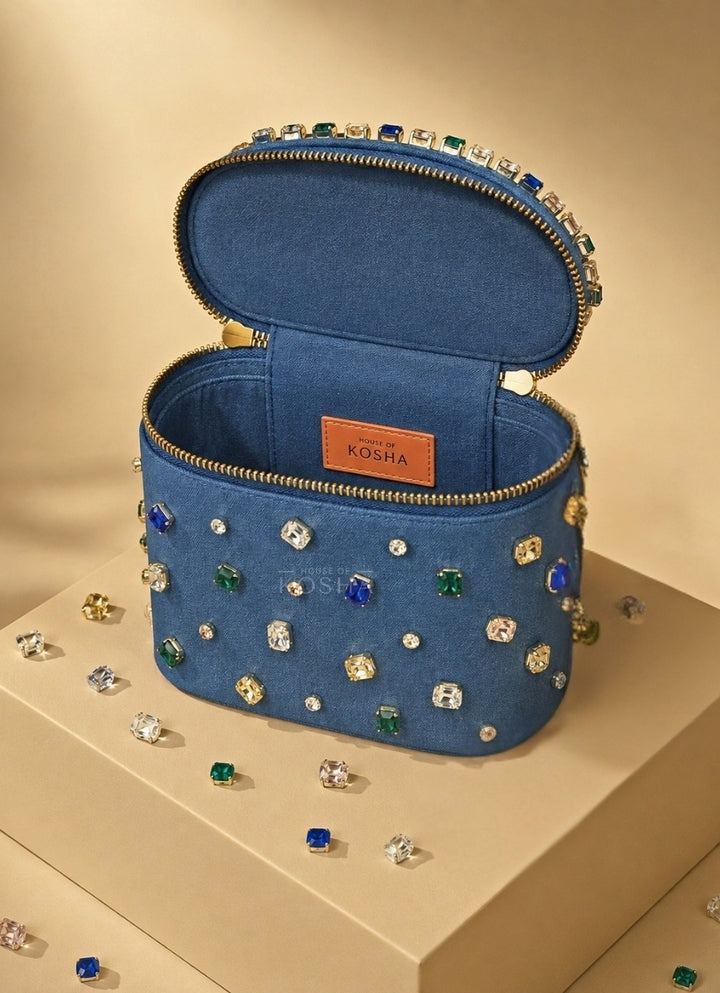 Multicolor Denim Embellished Vanity Bag