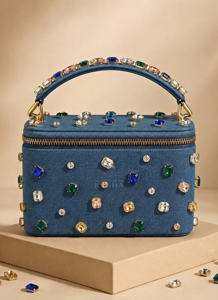 Multicolor Denim Embellished Vanity Bag
