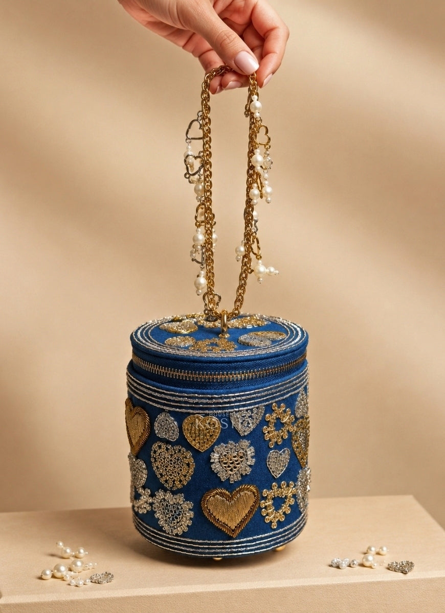 Gold &amp; Silver Denim Embroidered Cylinder Mini Bag