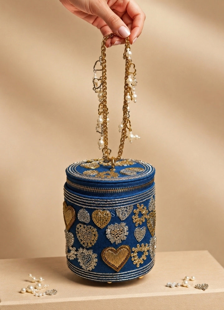 Gold &amp; Silver Denim Embroidered Cylinder Mini Bag