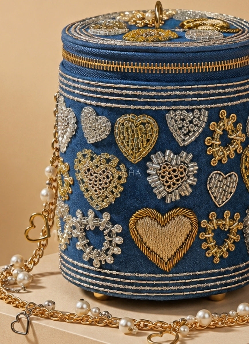 Gold &amp; Silver Denim Embroidered Cylinder Mini Bag