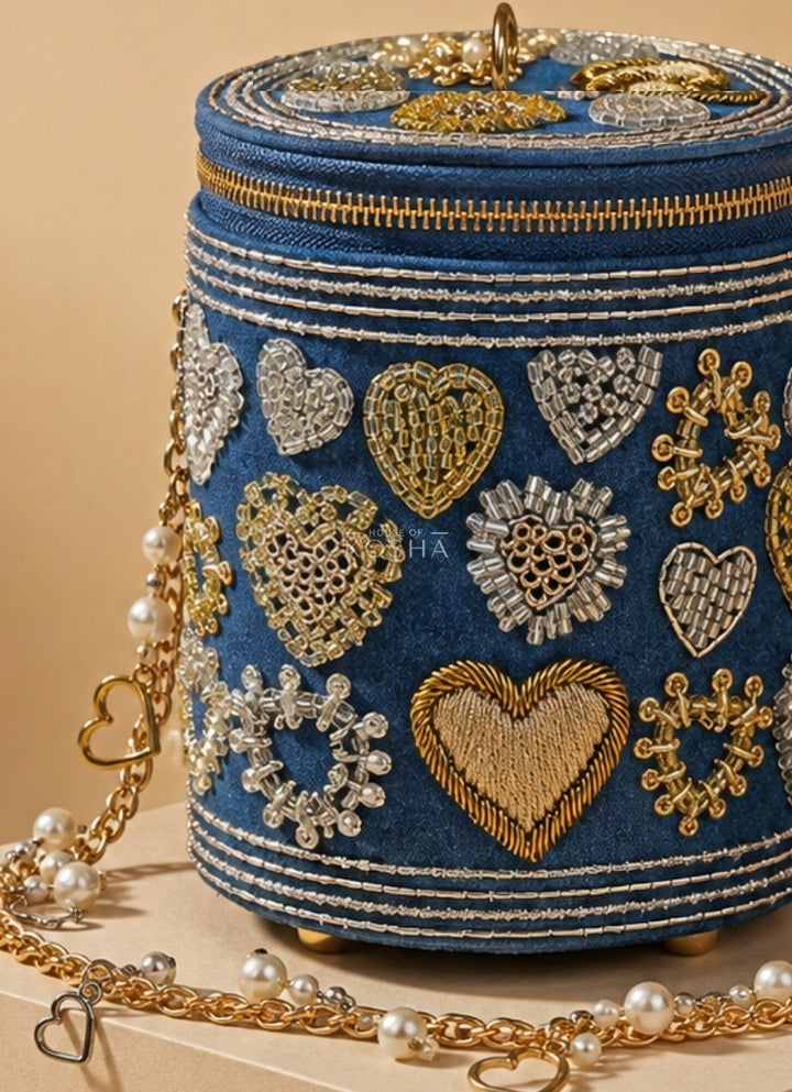 Gold &amp; Silver Denim Embroidered Cylinder Mini Bag