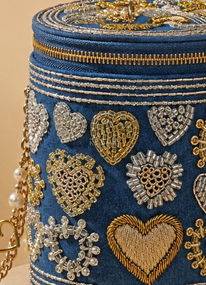 Gold &amp; Silver Denim Embroidered Cylinder Mini Bag