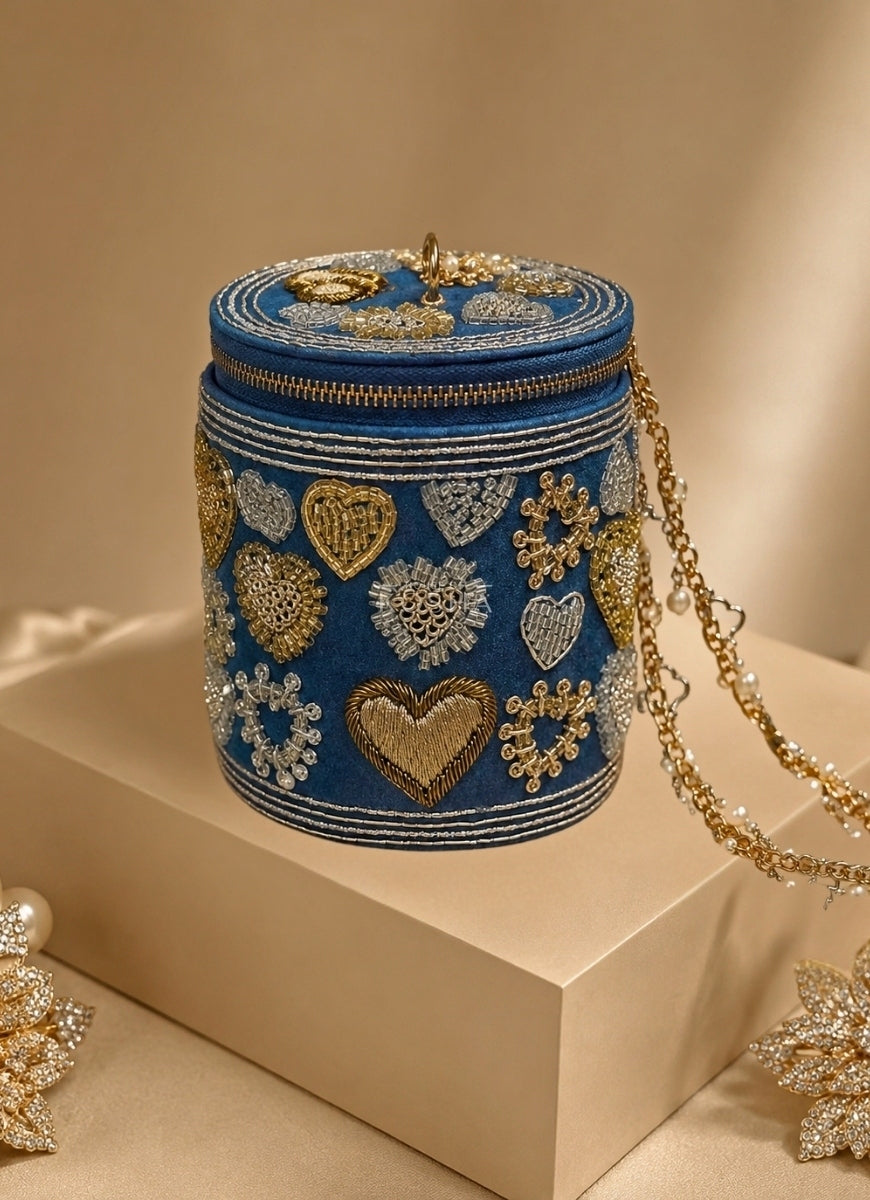 Gold &amp; Silver Denim Embroidered Cylinder Mini Bag