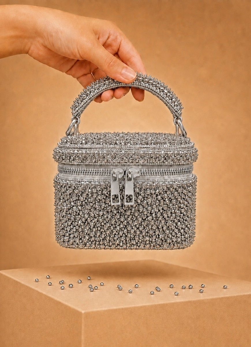 Silver Suede Embroidered Vanity Bag