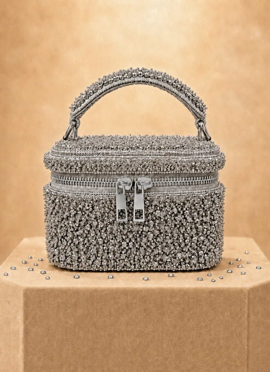 Silver Suede Embroidered Vanity Bag