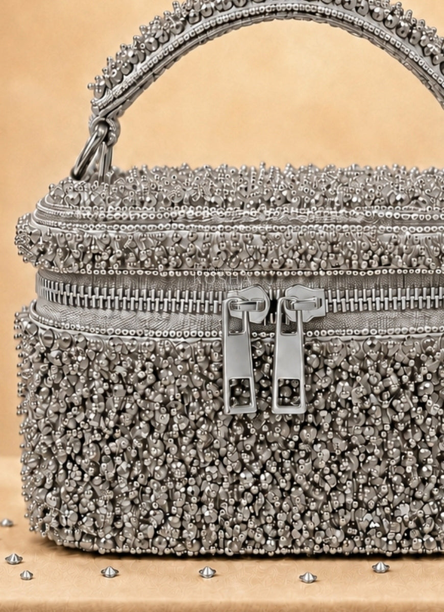 Silver Suede Embroidered Vanity Bag