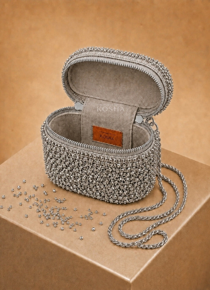 Silver Suede Embroidered Vanity Bag