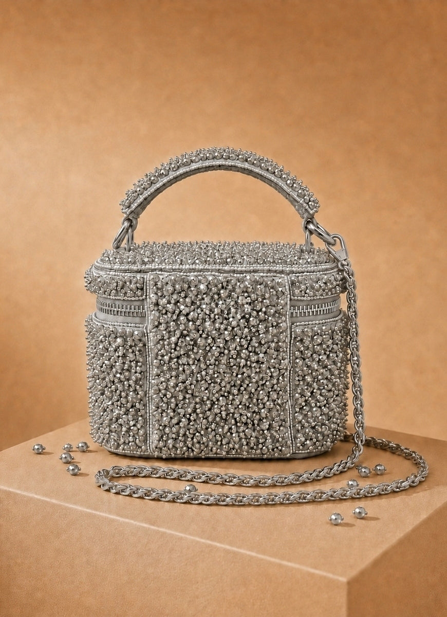 Silver Suede Embroidered Vanity Bag