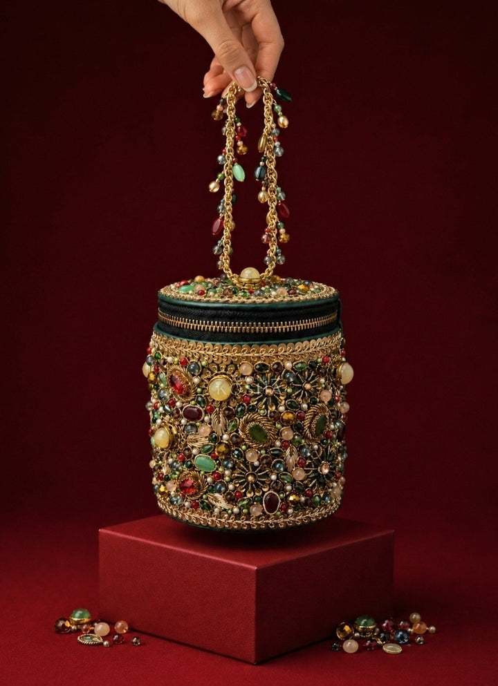 Multicolor Leather Embellished Cylinder Mini Bag