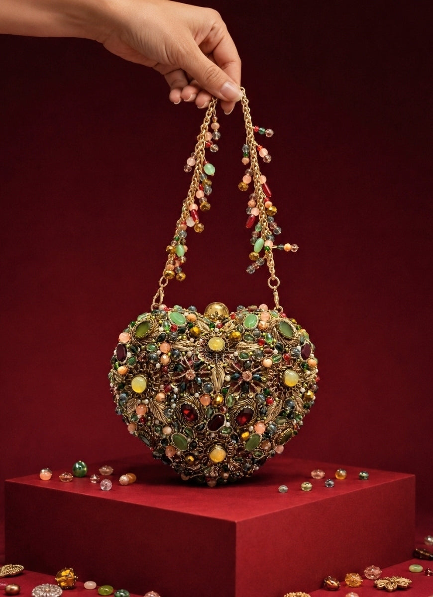 Multicolor Suede Embellished Heart Bag