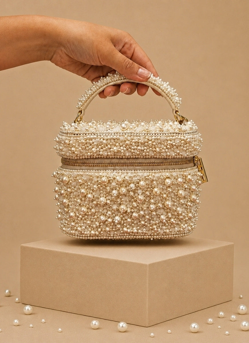 Ivory Suede Pearl Embellished Vanity Bag
