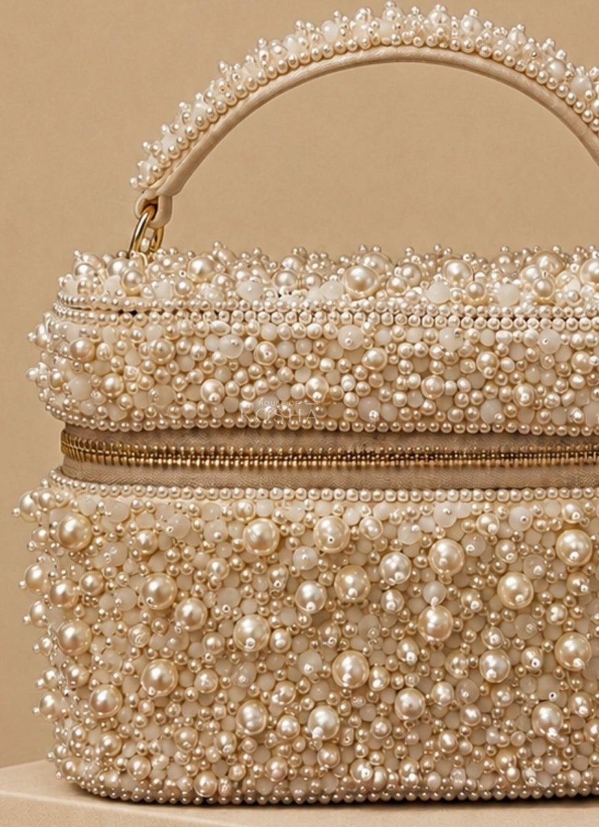 Ivory Suede Pearl Embellished Vanity Bag