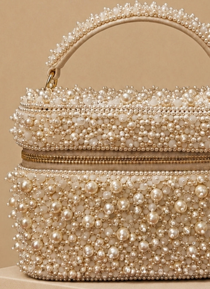 Ivory Suede Pearl Embellished Vanity Bag