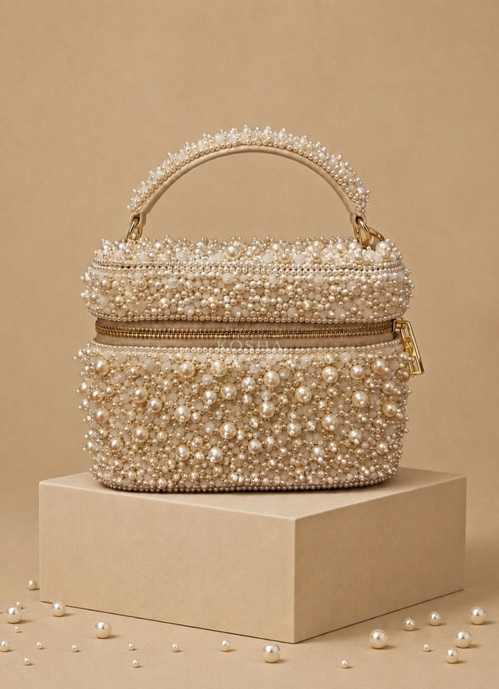 Ivory Suede Pearl Embellished Vanity Bag
