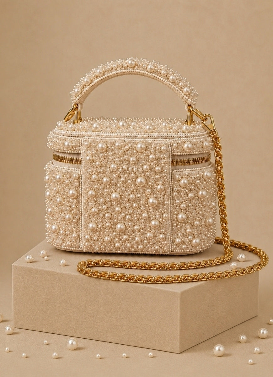 Ivory Suede Pearl Embellished Vanity Bag