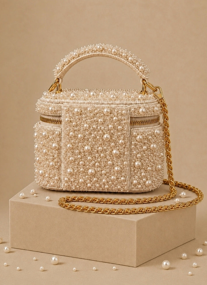 Ivory Suede Pearl Embellished Vanity Bag