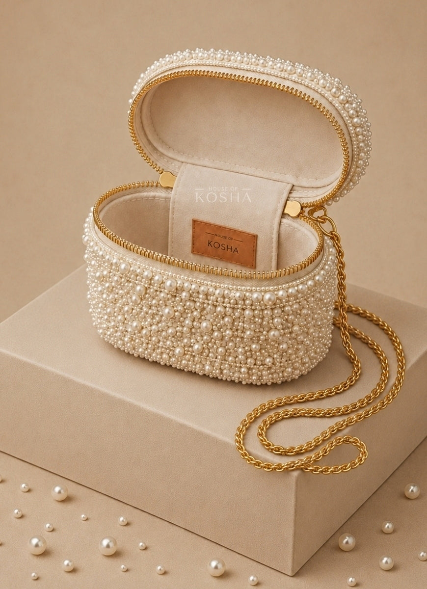 Ivory Suede Pearl Embellished Vanity Bag