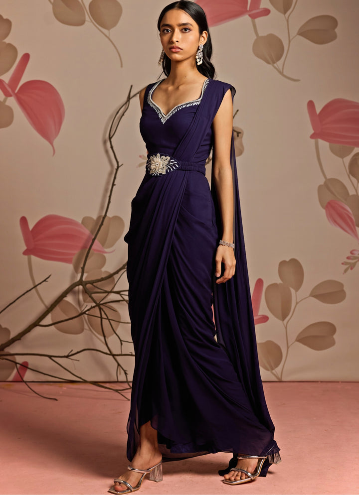 Midnight Blue Georgette Predraped Saree Set