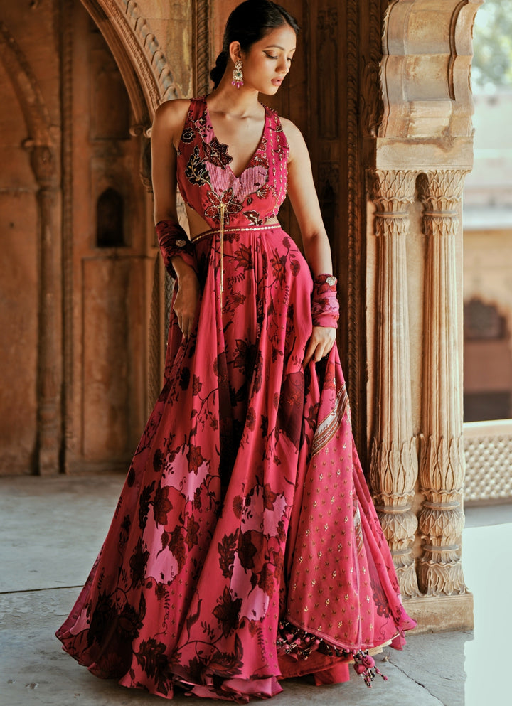 Pink Printed Organza Embroidered Anarkali Set