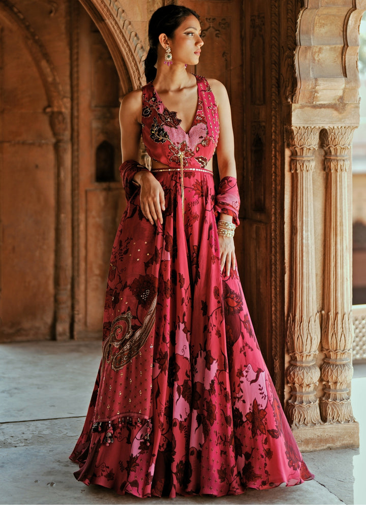 Pink Printed Organza Embroidered Anarkali Set