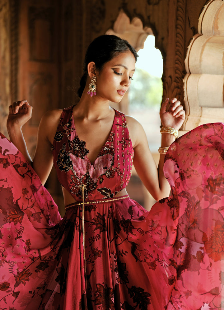 Pink Printed Organza Embroidered Anarkali Set
