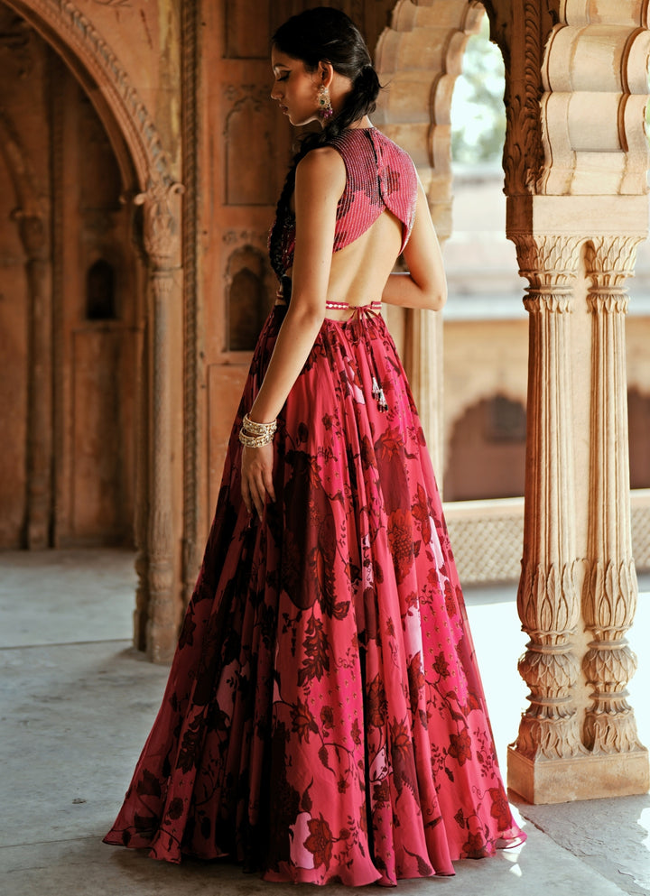 Pink Printed Organza Embroidered Anarkali Set